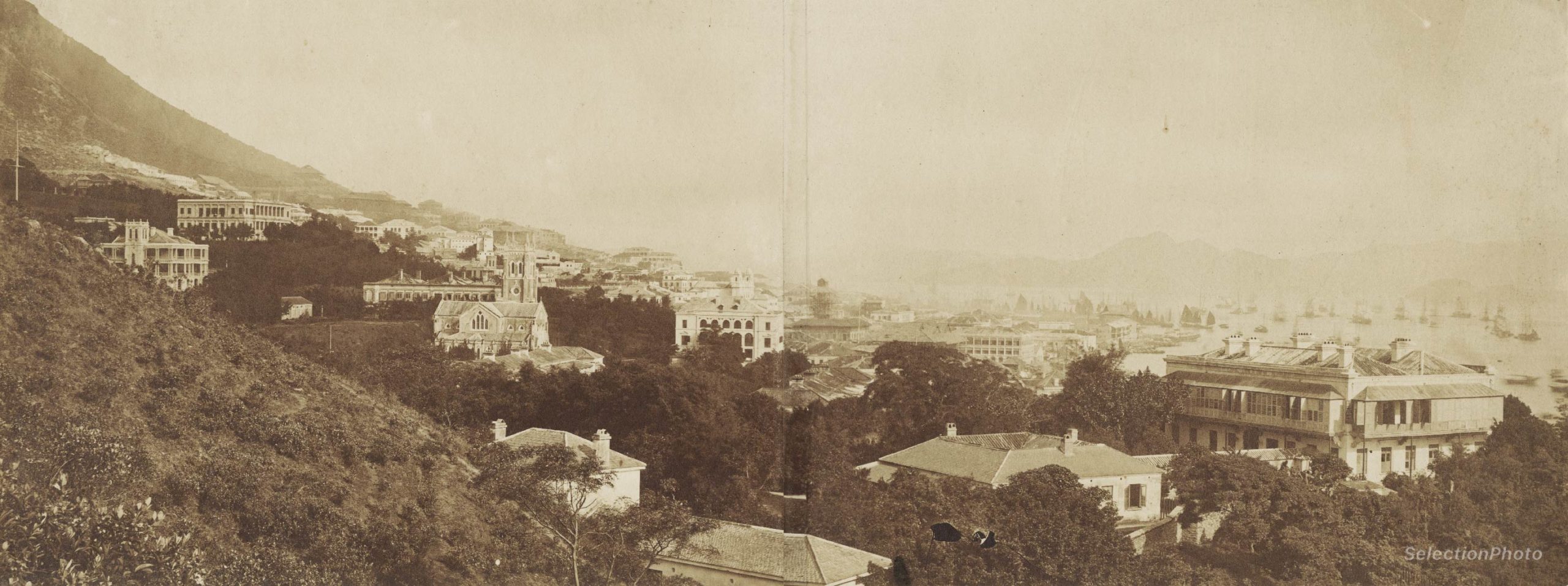 HONG-KONG Panoramique XIXe - vers 1870 - Tirage Albuminé Original 59 x 22 cm